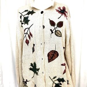 Women's VINTAGE ALFRED DUNNER Embroidered Fall Cream Leaf Pattern Sweater